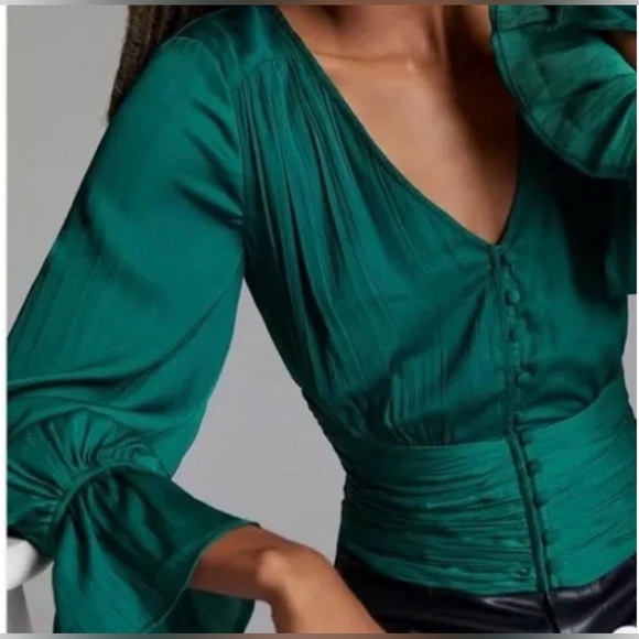 Anthropologie Emerald Green Satin Puff Sleeve Blouse - Picture 5 of 5